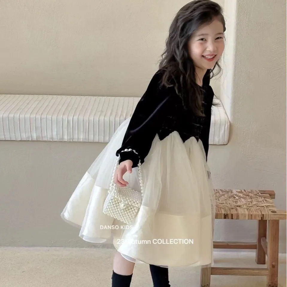 【90-150cm】毎日着たくなる プリンセス セレブリティ パーティー 切り替え 女の子 長袖 ワンピース