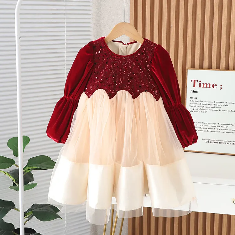 【90-150cm】毎日着たくなる プリンセス セレブリティ パーティー 切り替え 女の子 長袖 ワンピース