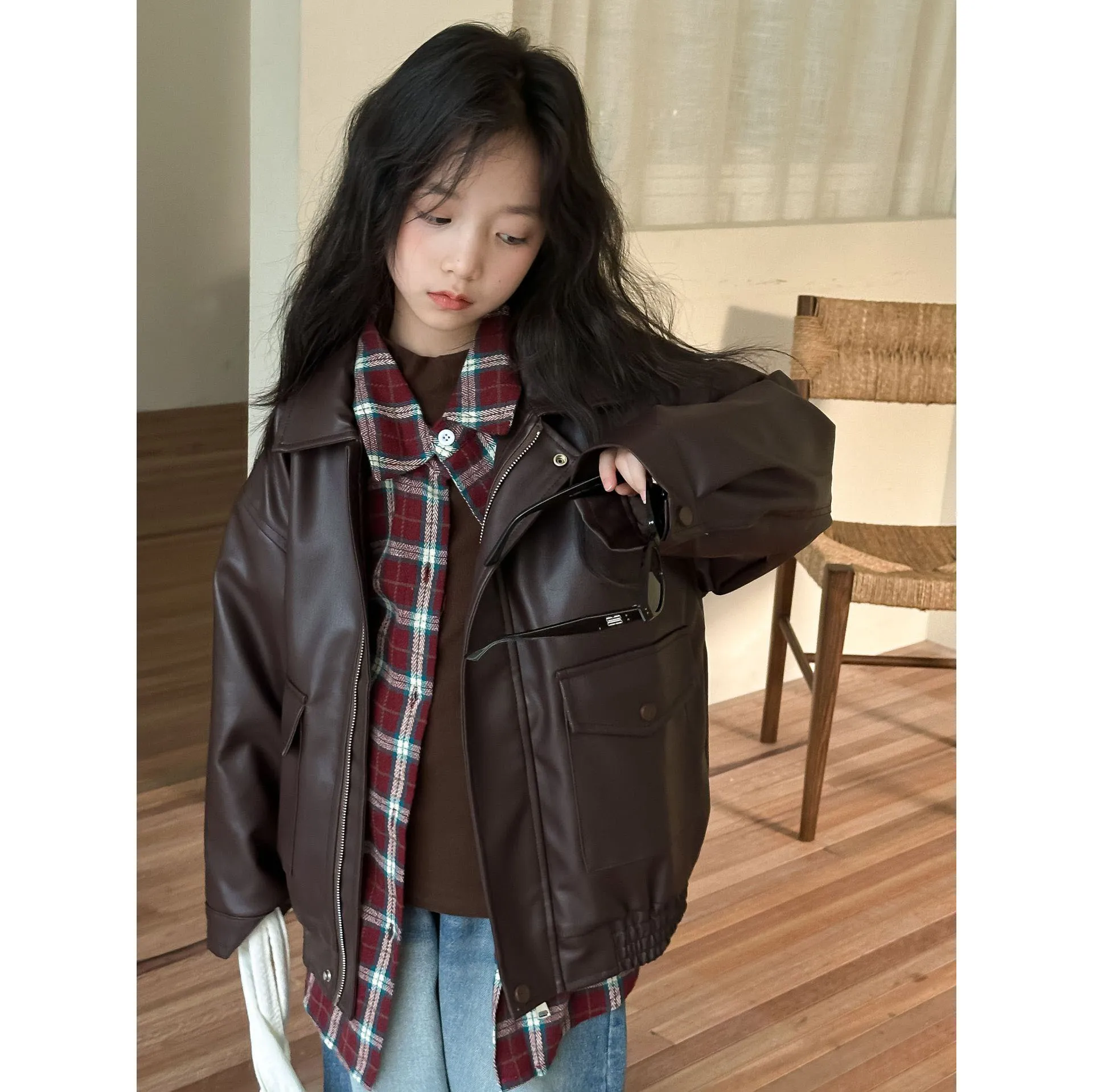 【100-160cm】毎日着たくなる 女の子 シンプル 無地 レトロ 楽チン レザー ジャケット