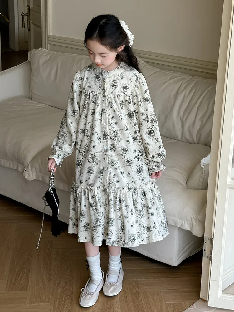【120-170cm】好感度アップ レトロ 花柄 おしゃれ スウィート 女の子 長袖 ワンピース