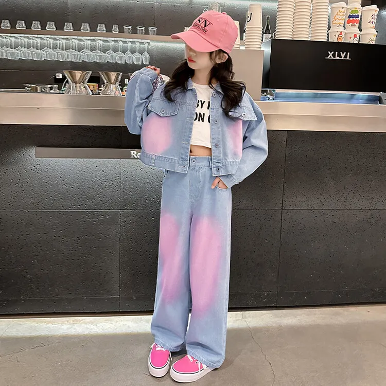 【120-170cm】二点セット 大人気 ユニック カジュアル 女の子 デニム アウター＋パンツ セットアップ