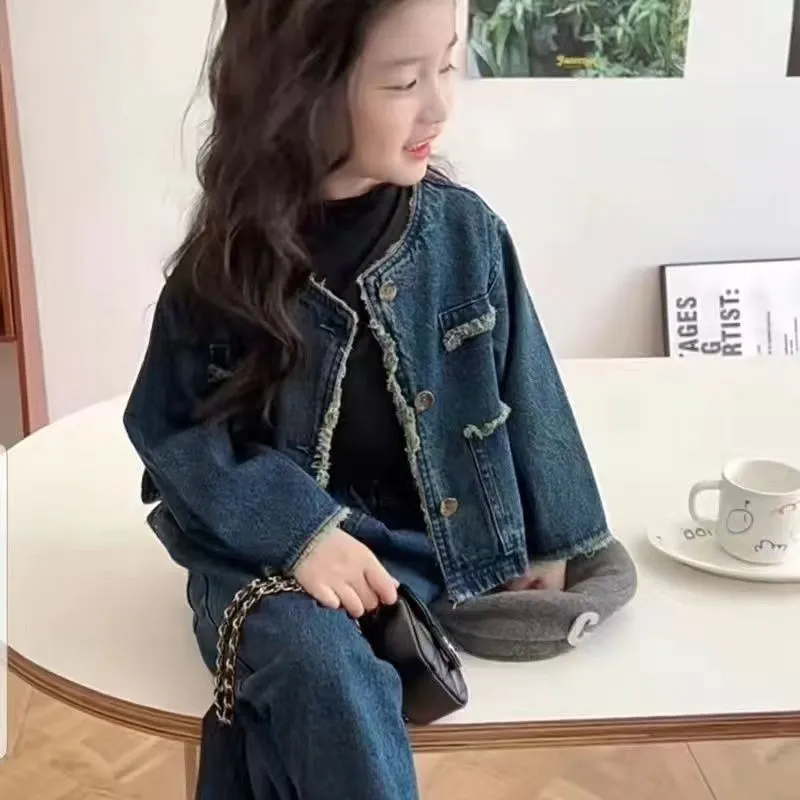 【90-150cm】二点セット 単品注文可 大人気 カジュアル おしゃれ 女の子 デニムアウター+ワイドパンツ セットアップ
