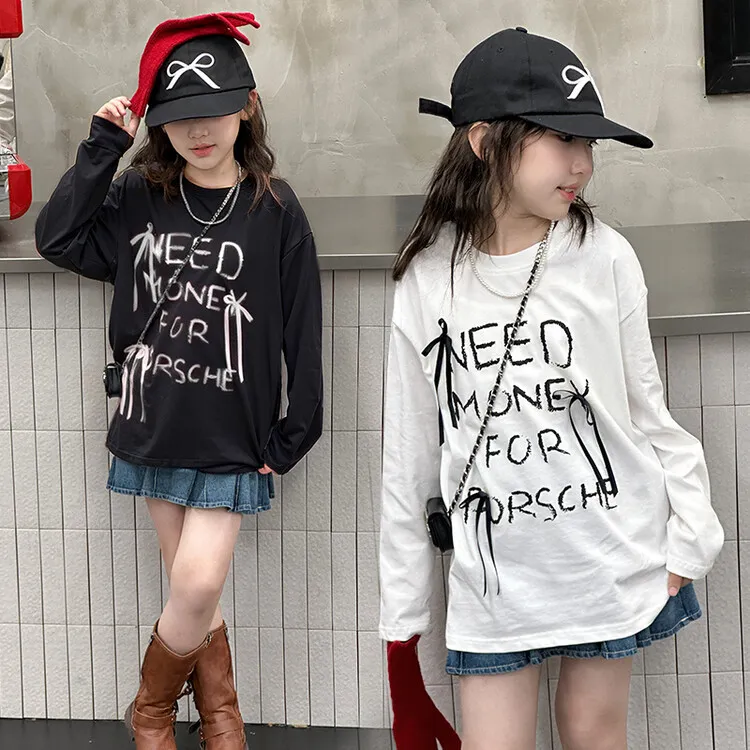 【120-170cm】絶対後悔しない 大人気 アルファベット リボン付き 女の子 長袖 Ｔシャツ