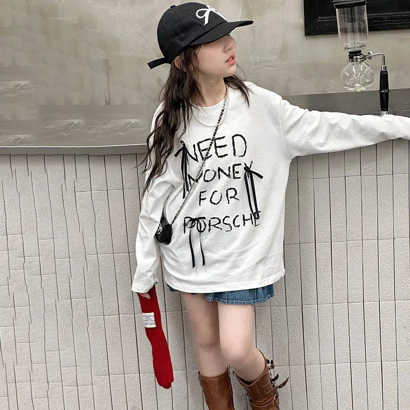 【120-170cm】絶対後悔しない 大人気 アルファベット リボン付き 女の子 長袖 Ｔシャツ