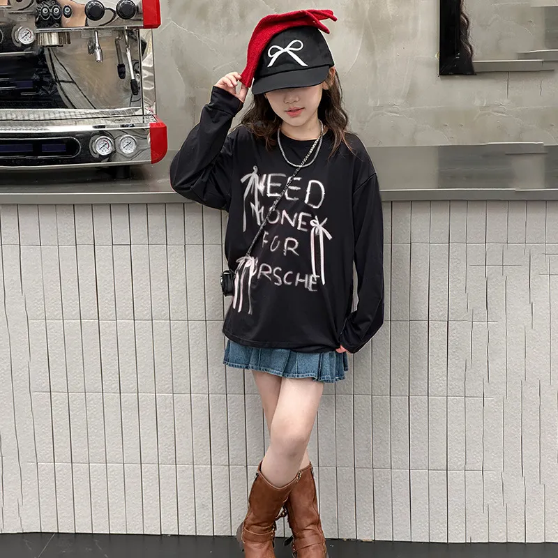 【120-170cm】絶対後悔しない 大人気 アルファベット リボン付き 女の子 長袖 Ｔシャツ