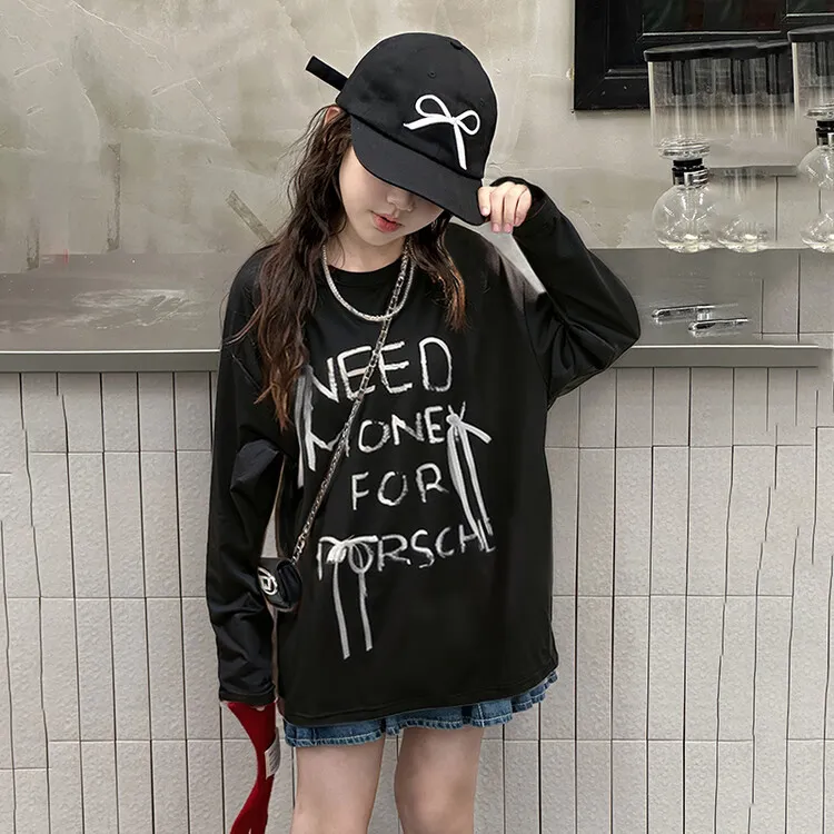 【120-170cm】絶対後悔しない 大人気 アルファベット リボン付き 女の子 長袖 Ｔシャツ