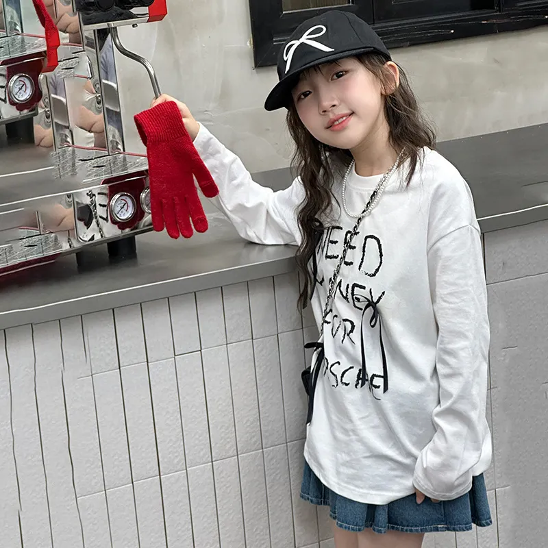 【120-170cm】絶対後悔しない 大人気 アルファベット リボン付き 女の子 長袖 Ｔシャツ