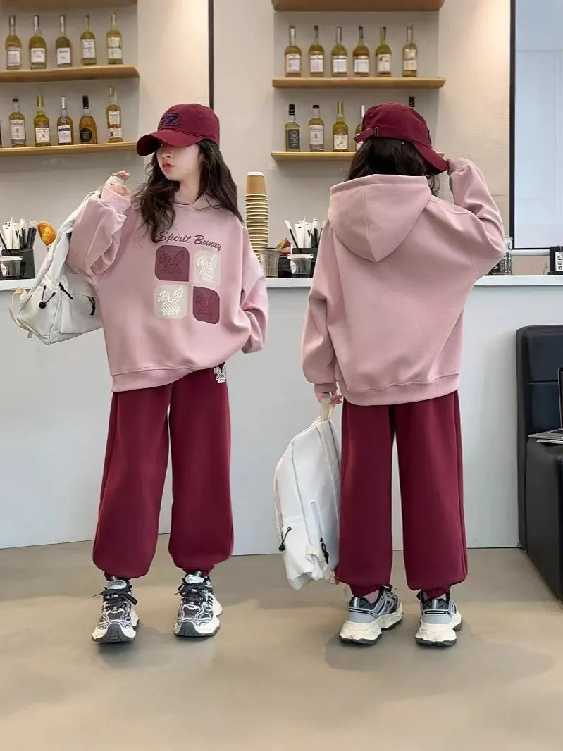 【120-170cm】二点セット オシャレ 快適 カートゥーン アルファベット 女の子 裏起毛 パーカー＋パンツ セットアップ
