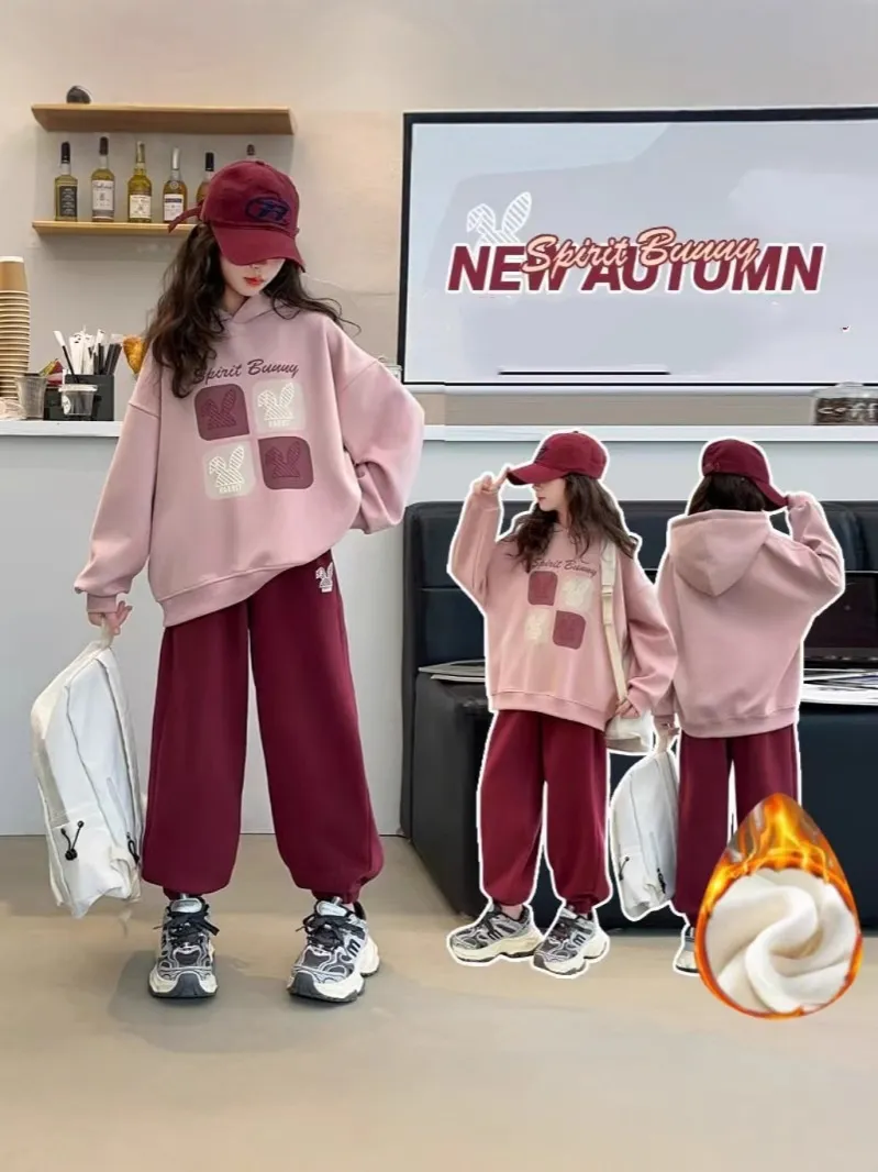 【120-170cm】二点セット オシャレ 快適 カートゥーン アルファベット 女の子 裏起毛 パーカー＋パンツ セットアップ